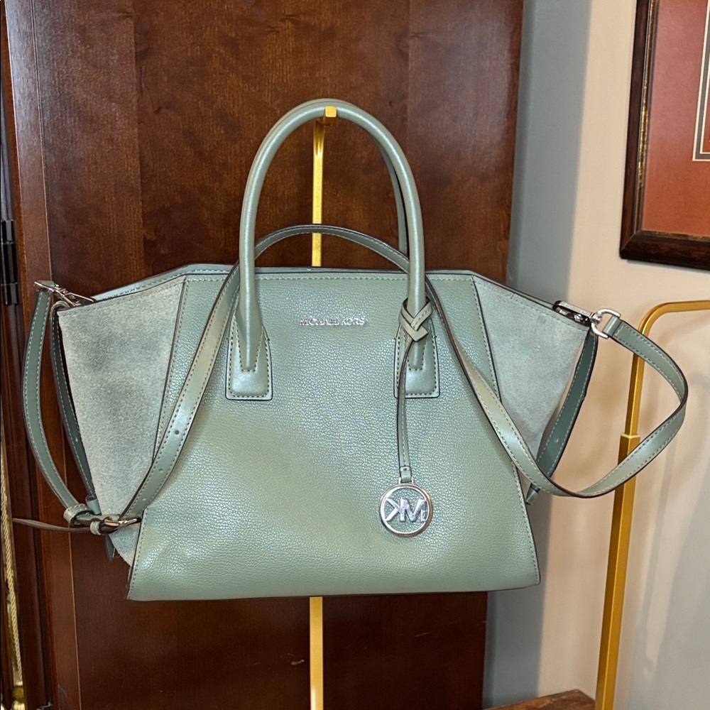 Michael Kors Green With Suede Avril Top Zip Satchel